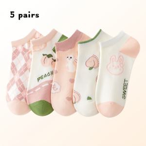 TEMU 여성용 귀여운 토끼와 복숭아 발목 양말 5켤레 - 핑크 그리드 노쇼우 숏 보트 삭스, 부드럽고 통기성 좋은 봄 여름 가을 캐주얼 의류용 마카롱 (5켤레 팩, 대부분의 발에 맞는 원사이즈)