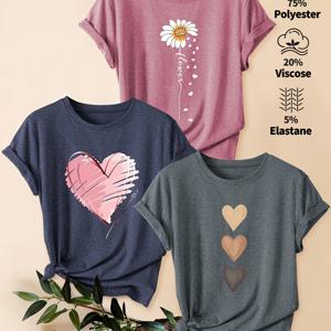 TEMU 3pcs 여성용 빈티지 감성 그래픽 티셔츠 - 플로럴 & 하트 프린트 캐주얼 반팔 티셔츠, 부드러운 스트레치 라운드넥 탑, 봄 여름 가을용, 틸 & 라벤더, 시즌 패션, 아티스틱 디자인, 가벼운 티, 프린트 탑, 스타일 애호가, 일상복,주말 스타일,레트로 패션,편안한 착용감,통기성 티셔츠,스타일리시 블라우스,패션 애호가