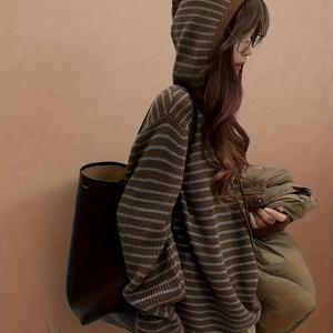 TEMU 다재다능한 새로운 가을/겨울 핫 스타일 마야르드 분위기 브라운 후드 스웨터 루즈 드롭 숄더 게으른 스타일 레트로 스웨트셔츠