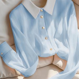 TEMU 여성용 라이트 블루 컬러 블록 패치워크 칼라 긴팔 셔츠, 골든 버튼 액센트, 봄 가을 캐주얼웨어
