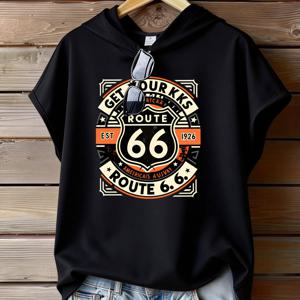 TEMU 패셔너블한 상의 1개, 아름다운 여성 허리 집어넣는 배트윙 소매 반팔 클래식 Route 66 로드 사인 프린트, 레트로 스타일 디자인 프린트 후드 스웨트셔츠, 루즈 캐주얼 반팔, 봄/여름 슬림 가벼운 통기성 원단