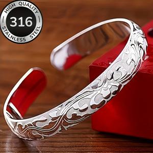 TEMU 여성용 316 스테인리스 스틸 플로럴 패턴 오픈 뱅글 팔찌, 모든 경우에 완벽한 기념일 선물, 크리스마스 파티, 크리스마스 선물, 추수감사절, 부활절, 할로윈 선물 및 캐주얼 복장에 적합