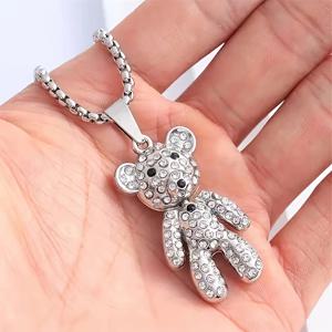 TEMU 소년과 소녀를 위한 귀여운 반짝이는 펜던트 보석이 달린 귀여운 곰 스테인레스 스틸 목걸이 1개