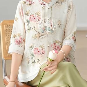 TEMU 디테일이 돋보이는 우아한 플로럴 프린트 블라우스 - 스탠드업 칼라 긴팔 셔츠, 봄/여름용 기계 세탁 가능 가벼운 탑, 여성용 논스트레치 원단, 캐주얼 시크 웨어, 파스텔 컬러 의류, 정교한 자수