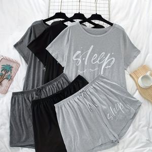 TEMU 3pcs 여성용 파자마 세트, 캐주얼 알파벳 문자 프린트, 폴리에스테르 니트 재질, 약간의 신축성, 가을 시즌 잠옷, 컬러 블록 반팔과 반바지 세트, 성인용 홈 루즈웨어