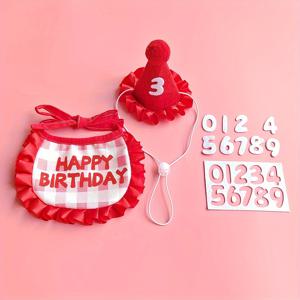 TEMU 반려동물 생일 턱받이와 모자 세트, 생일 모자, 턱받이, 숫자 스티커 포함. 반려묘와 반려견을 위한 귀엽고 재미있는 생일 流诞 수건, 반려동물 휴일 파티를 위한 완벽한 선물로 적합