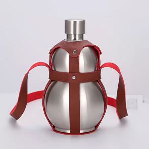 TEMU 1500ml 대용량 304 스테인리스 스틸 조롱박 물병, PU 가죽 휴대용 케이스 포함, 등산 및 캠핑용 누수 방지. (특유의 냄새 없음. 와인, 맥주, 주스, 물 및 기타 음료 보관에 적합, 건강하고 신뢰할 수 있음.)