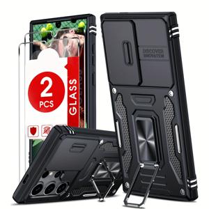 TEMU 삼성 갤럭시 S25 S24 S23 S22 S21 S20 S10 울트라 플러스 S24FE S23FE S21FE S20FE 5G 시리즈용 헤비듀티 충격 방지 아머 360° 회전 금속 마그네틱 링 스탠드 강화유리 필름 액정保护膜 포함 휴대폰 케이스