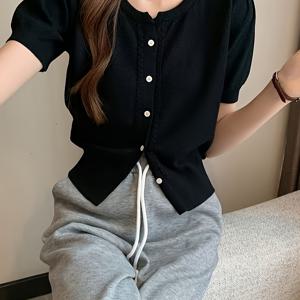TEMU 패브릭에 민감한 니치 슬림핏 티셔츠, 프렌치 스타일 하이엔드 크롭 가디건, 빈티지 반팔 탑, 숏 크롭 자켓, 여성용 2025년 신상 가벼운 가디건 탑 치마와의 레이어드용, 한국 스타일 단색 가디건, 슬림핏 스위트 크롭 활용도 높은 탑, 패셔너블한 여성 의류