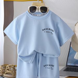 TEMU 반팔 세트 여름 신상 한국 스타일 와플 옷 남아 여아 공용 의류 투피스 세트, 야외용