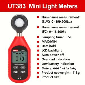 TEMU UNI-T UT383 디지털 조도계, 199900Lux 18500FC 측정, 고정밀 럭스미터, LCD 백라이트 포토미터, 미니 휴대용 조도계, 전문가용 럭소미터, 식물 성장, 성장등, 사진, 사무실, 가정용