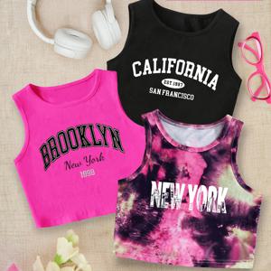 TEMU P8734(G16) BROOKLYN 여아용 및 큰 여아용 패션 라운드넥 탱크탑 3종 세트, 레이어드용 멀티 컬러 베스트 탑, 아웃도어웨어