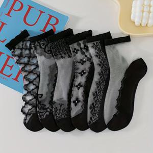TEMU 랜덤 - 레이스 누드 통기성 스타킹 5켤레 (베이스 포함), , 미드-카프, 미끄럼 방지 메쉬로 시원하고 편안한 착용감