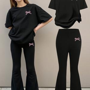 TEMU 유럽 및 미국 패션 여아용 리본 프린트 반팔 상의 + 패션 뿔 타이츠 리본 프린트 바지 세트 2pcs, 어린이 야외 활동용, 야외 활동에 적합