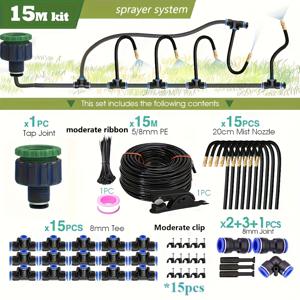 TEMU 15M 유연 스프레이 키트 (8mm 호스 포함), 정원 미스트 관개, 범용 커넥터 나사산 (유럽 및 미국)