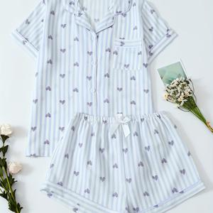 TEMU 하트 프린트 반팔 & 반바지 잠옷 세트, 십대용, 십대용