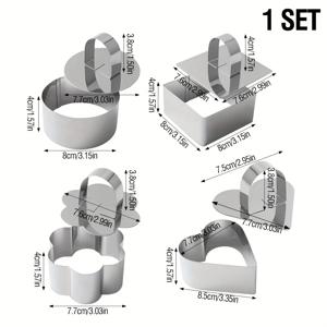 TEMU 1 세트/4개 케이크 링 세트 + 4개 푸시 커버 세트, 스테인리스 스틸 무스 링 케이크 몰드 (푸시 플레이트 포함), 원형, 하트 모양, 꽃 모양, 사각형 케이크 링 쿠키 몰드 베이킹 도구, 쌀밥 도구, 케이크 및 페이스트리 링