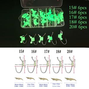 TEMU 30개 발광 생새우 낚시바늘 세트 - 5가지 사이즈, 모든 어종용, 어두운 곳에서 빛나는 낚시바늘, 새우의 활력 극대화, 초보자용 낚시바늘, 더 많은 물고기 잡기