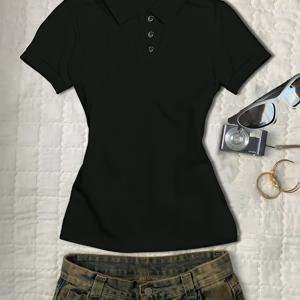 TEMU 핑시 제 Women's Y2K 스위트 쿨 캐주얼 칼라 폴로 티셔츠, 여름, 가을, 겨울에 완벽, 안티/아웃웨어 탑 | 발랄한 프린트 탑 | 가벼운 탑