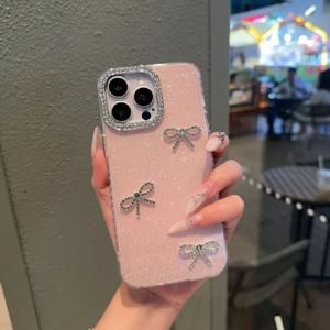 TEMU 휴대폰 케이스 - 핑크 라인스톤 리본 글리터 폰 케이스, 아이폰 16 Pro Max, 15 Pro, 14 Plus, 13, 12, 11 호환 - 장식 렌즈 보호 커버
