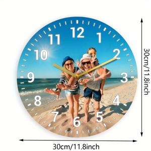 TEMU 맞춤형 1개 2D 프린트 해안가 모던 블루 앤 화이트 맞춤 사진 디자인 벽시계, 무소음, 원형 나무 프레임, 배터리 작동식 - 가정, 실내, 침실용, 가족을 위한 사랑의 선물, 해변 애호가, 커플용 여름 펜던트 시계