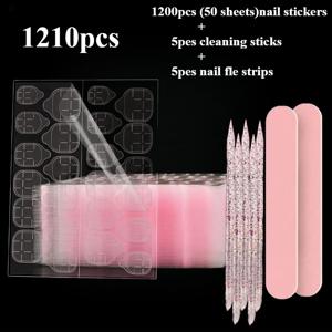 TEMU 1210개 (1200개 양면 접착 네일 스티커 + 네일 파일 5개 + 클리닝 스틱 5개 조합 세트) 매끄러운 네일 스티커 고정, 초강력 젤리 네일 스티커, 초박형 통기성 및 유연한 인조 네일 팁, 수공예에 매우 적합