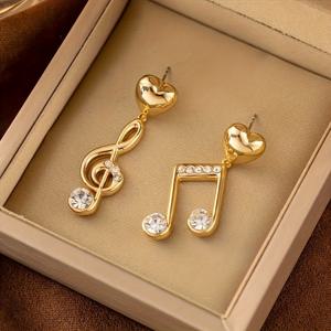 TEMU 1쌍 패셔너블 트렌디 골드 비대칭 라인스톤 하트 & 음표 드롭 귀걸이, 새로운 발렌타인데이 선물, 뮤직 페스티벌, 외출, 캐주얼 복장에 적합