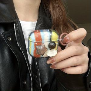 TEMU 컬러 블록 + 입체 별 보석 이어폰 케이스, Apple Airpodspro3 케이스/Airpodspro2 케이스/Airpods4 케이스/Airpods3 케이스/Airpods2 케이스에 적합, 패션 여성 이어폰 케이스, 간편 이어폰 케이스