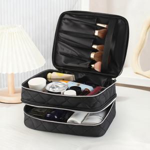 TEMU 대형 메이크업 파우치--블랙 퀼팅 체크 화장품 파우치, 2단 대용량 수납. 메탈 지퍼, 멀티포켓 디자인 & 내부 지퍼 수납공간. 스타일리시하고 미니멀한 휴대용, 여행, 야외 활동 및 침실 사용에 필수