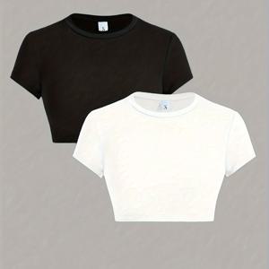 TEMU 여성용 배꼽 노출 크롭 티셔츠 2개 세트, 라운드넥 반팔 슬림핏 탑, 봄, 여름, 가을용