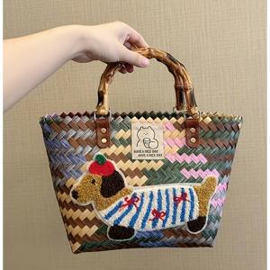 TEMU 다치쉐운드 직조 양배추 바구니 빈티지 라탄 핸드백, 대나무 스타일 모직 직조 가방, 수제 대나무 가방, 비치백