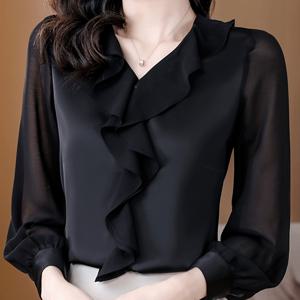 TEMU (QC-A46129) 여성용 블랙 새틴 패치워크 러플 브이넥 긴팔 셔츠, 시스루 쉬폰 퍼프 슬리브 엘레강스 탑, 직장, 데이트 및 다양한 행사를 위한 라이트 럭셔리 여성 의류