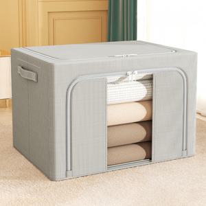 TEMU 100L/66L 대용량 접이식 린넨 보관함, 단색 스틸 프레임 싱글 윈도우 & 더블 오프닝 디자인, 투명 창문 및 손잡이 포함, 옷과 이불 정리용, 침대 밑 수납 가능, 홈 또는 계절 사용에 적합한 의류 수납