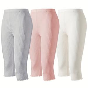 TEMU 3pcs 여아 카프리 팬츠 세트, 가볍고 시원한 여름 아기 바지, 신축성 있고 통기성 좋은 레이스 디자인, 여아용 캐주얼 의류, 미디 기장 의류, 유아용 메쉬 팬츠, 흰색, 분홍색, 회색 아동 레깅스
