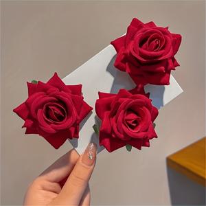 TEMU 3개입 분위기 나는 빨간 꽃 머리 장식 장미 머리핀 옆머리 클립, 클래식 빨간 장미 머리핀 - 여름 의류 및 축제 행사에 완벽한 선택