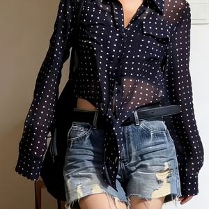 TEMU 방향성 물방울무늬 얇은 긴팔 쉬폰 셔츠 여성 여름 디자인 니치 타이 슬림 숏 탑, 시티 워크, 마켓 스토롤, 해변 데이트 및 기타 장면에 적합