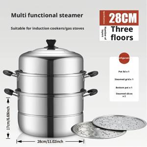 TEMU 28Cm 3단 스테인리스 스틸 찜기 (뚜껑 포함), 다용도 찜기 (가스레인지, 인덕션용), 가정용 주방 대형 찜기