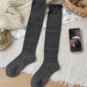 TEMU 일본 빈티지 할로우 아웃 종아리 양말 1켤레, 가을/겨울용 도톰한 보온 긴소매통 슬라우치 다리 라인 교정 양말, 롱부츠용