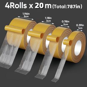 TEMU 고강도 양면 테이프 4롤, 고접착력 천 메쉬, 총 길이 787.4인치 - 카펫, 태피스트리, 벽지, 풍선 등에 적합, 일상 사무용 수리 제품 양면 테이프 0.39인치, 0.79인치, 1.18인치, 1.97인치, 주택 리노ベーション, DIY 프로젝트, 다기능 고정, 패브릭 뒷면, 다용도 테이프