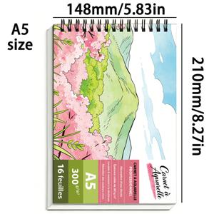 TEMU 전문가용 수채화 스케치북 300gsm 콜드프레스 - A4/A5 스파이럴 제본 수채화 패드, 예술가, 학생, 여행 및 야외 수화화 그림용 - 벚꽃 풍경 표지 포함 16매 - 습습법 기법용 고품질 수채화지, 용품, 야외 스케치용