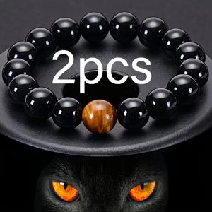 TEMU 천연 흑요석과 호랑이눈석 구슬 팔찌 2개 세트, 10mm, 남녀공용 디자인, 캐주얼 복장 및 선물용으로 완벽