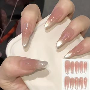 TEMU 10개입 아몬드 모양 인조 네일, 그라데이션 고양이 눈 귀여운 패션 프렌치/한국 네일 스티커, 여성용 신상 패션 네일 스티커, 젤리 접착제 1개 및 네일 파일 1개 포함, 파티, 졸업식, 데일리 캐주얼룩에 적합, 재사용 가능 및 제거 가능