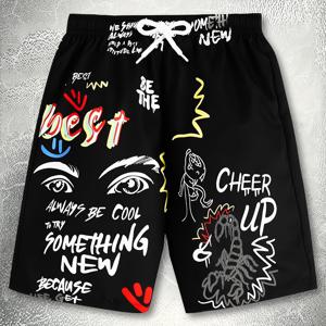 TEMU 남성 레터 프린트 비치 반바지 - 블랙 캐주얼 탄성 허리 수영 트렁크, 동기 부여 인용구 포함, 야외 활동, 헬스장 및 여름 행사에 적합, 내구성 좋은 패턴 수영복