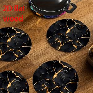 TEMU 검은색과 금색의 갈라진 대리석 패턴 나무 코스터 4개 세트 - 2D 프린트 디자인, 15cm x 15cm 원형 테이블 매트, 가정, 커피 테이블 및 파티 장식에 적합, 주방 용품