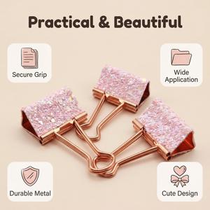 TEMU 3개 글리터 바인더 클립, 로즈 골든 메탈 문서 클립, 저널링, DIY 장식, 학생 파일 정리를 위한 스타일리시한 사무용품, 사무실 문서 분류, 청구서 보관 및 고정, 저널 DIY 장식, 학생 시험지 분류용 고품질 롱테일 클립