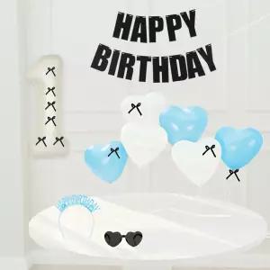 하트 풍선 생일 가랜드 리본 세트 (블랙리본/스카이화이트) 파티 장식 셀프 돌 잔치 어린이 유치원