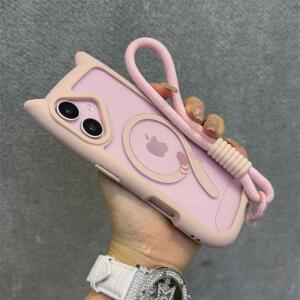 귀여운 고양이 귀 마그세이프 케이스 (아이폰 11, 12, 13미니, 14, 프로 17 플러스) PC 체인 TPU 포함 아머 투명 15, 스트랩 16, 손목 커버 맥스
