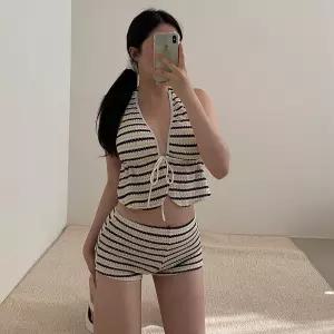 라떼니트비키니 홀터넥팬츠 투피스 스트라이프 커버업