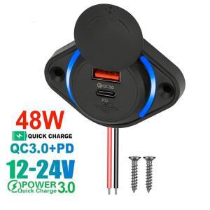 3.1A PD QC3.0 듀얼 포트 휴대폰 충전기 패널 타입 C USB 전원 소켓 LED 라이트 포함 12V-24V 차량용 방수