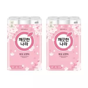 깨끗한나라 벚꽃 로맨틱 천연펄프 3겹 고급롤화장지 27M 30개입 2개
